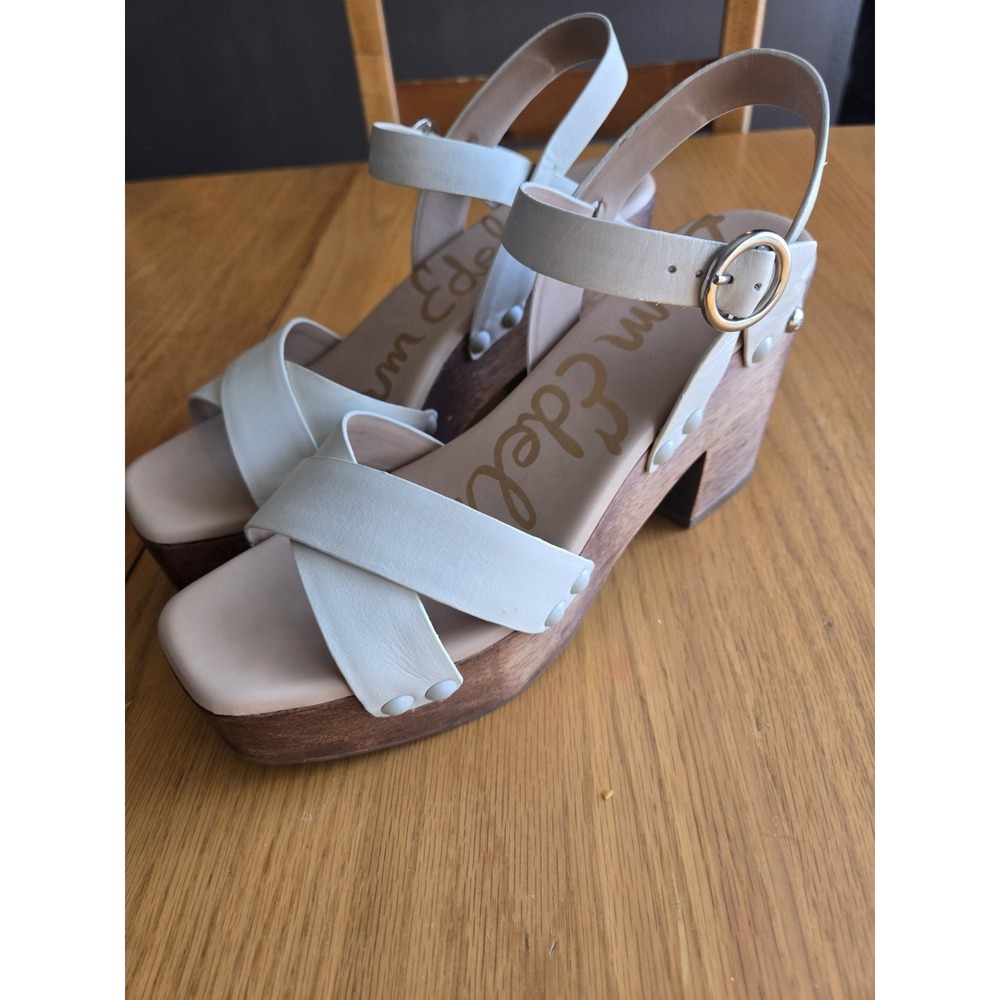 Sam Edelman Josefine Beige Leather Sandal Heel Sz 10 wooden sole platform Wedge
